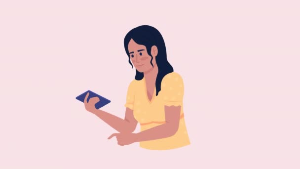 アニメキャラクタースクロール電話 スマートフォンを使う女性 アルファチャンネル透過性を持つピンクの背景にハーフボディフラット人 アニメーションのためのカラフルな漫画スタイルのHdビデオ映像 — ストック動画