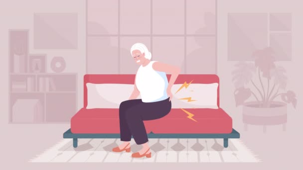 Animierte Darstellung Scharfer Rückenschmerzen Altersbedingte Arthrose Rückenschmerzen Flachfarbige Zeichentrickfigur Animation — Stockvideo