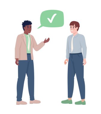 Genç adam yarı düz renk vektör karakterleriyle aynı fikirde. Düzenlenebilir figürler. Beyazın üstüne tüm vücudu olan insanlar. Takım çalışması web grafik tasarımı ve animasyonu için basit çizgi film stili çizimi