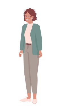 Genç gülümseyen iş kadını yarı düz renk vektör karakter. Düzenlenebilir figür. Beyazın üzerinde tam vücut insan. Web grafik tasarımı ve animasyonu için basit bir çizgi film stili çizimi