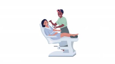 Canlandırılmış makyaj servisi karakterleri. Müşteri ile çalışan vizör. Beyaz arka planda, alfa kanalı şeffaflığıyla tam vücut düz insanlar. Animasyon için renkli çizgi film biçimi HD video görüntüleri