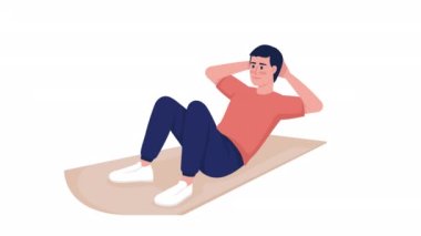 Animasyon evde karın kası egzersizi karakteri. Genç adam eğitimi. Beyaz arka planda alfa kanalı şeffaflığı olan tam vücut düz insan. Animasyon için renkli çizgi film biçimi HD video görüntüleri