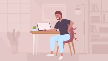Animasyon omurga problemi illüstrasyonu. Uzun süre oturmaktan sırtım ağrıyor. Ofis sendromu. Düz renkli 2D çizgi film karakteri animasyonu ve çalışma ortamı. Alfa kanallı HD video