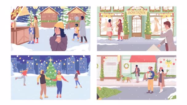 Set Ilustraciones Navideñas Animadas Invierno Looped Color Plano Dibujos Animados — Vídeos de Stock
