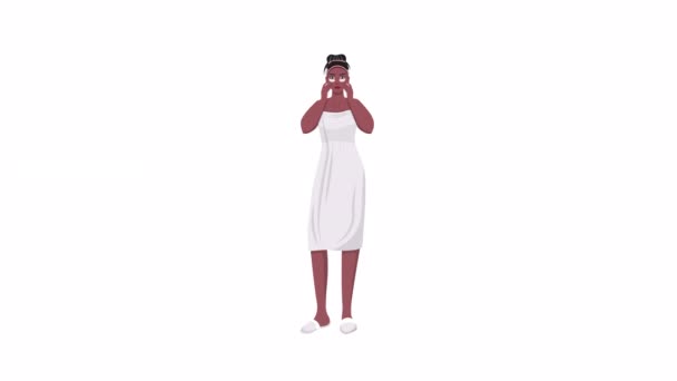 キャラクターマッサージの顔 眼帯を着た女性 治療だ アルファチャンネル透過性を持つ白い背景に完全なボディフラット人 アニメーションのためのカラフルな漫画スタイルのHdビデオ映像 — ストック動画
