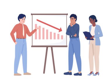 Yarı düz renkli vektör karakterlerin iflası. Krizle başa çıkmak. Düzenlenebilir figürler. Beyazın üstüne tüm vücudu olan insanlar. Web grafik tasarımı ve animasyonu için basit çizgi film stili çizimi