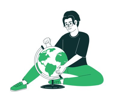 Adam düz renk doğrusal vektör karakterinde yer seçiyor. Düzenlenebilir figür. Beyazın üzerinde tam vücut insan. Web grafik tasarımı ve animasyonu için çizgi film tarzı ince çizgi çizim