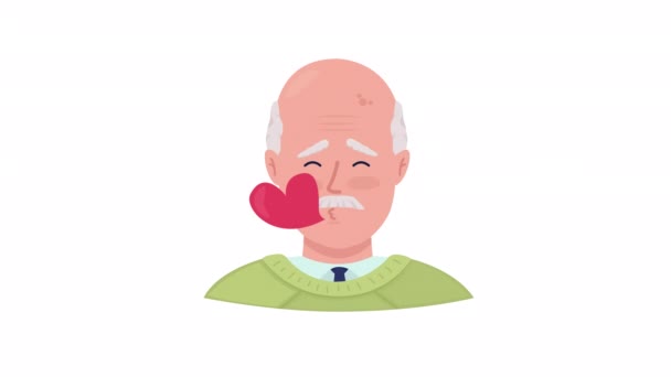 Animowany Staruszek Zakochany Emocjach Wyślij Pocałunek Powietrza Płaska Głowa Postaci — Wideo stockowe