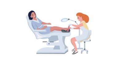 Animasyon pedikür servis karakterleri. Ayak bakımı prosedürleri sırasında bayan. Beyaz arka planda, alfa kanalı şeffaflığıyla tam vücut düz insanlar. Animasyon için renkli çizgi film biçimi HD video görüntüleri