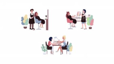 Animasyon güzellik karakterleri ayarlandı. Profesyonel kuaför servisi. Beyaz arka planda, alfa kanalı şeffaflığıyla tam vücut düz insanlar. Renkli çizgi film stili HD video görüntüleri canlandırma için paketlensin