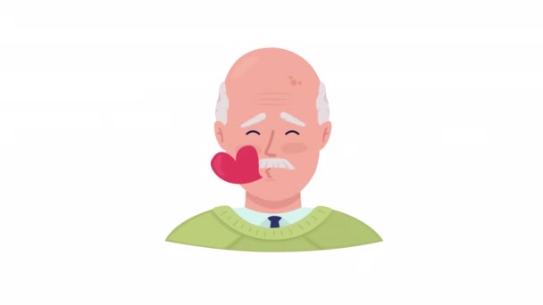 Animowany Staruszek Całuje Emocje Starszy Mężczyzna Się Zakochuje Płaska Głowa — Wideo stockowe