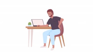 Animasyon ofis sendromu karakteri. Sırtı ağrıyan bir işçi. Beyaz arka planda alfa kanalı şeffaflığı olan tam vücut düz insan. Animasyon için renkli çizgi film biçimi HD video görüntüleri