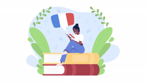 有声有色的法语图书概念 将2D卡通平面字符在白色上循环 具有Alpha通道透明度 用于网页设计 高清录像学习语言创意动画 — 图库视频影像