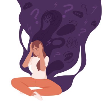 Endişeli kadın düz konsept vektör çizimi. Boğulmuş bir kadın. Zihinsel sorunlar. Web tasarımı için düzenlenebilir 2D çizgi film karakteri. Web sitesi, mobil, sunum için hayal kırıklığı yaratıcı fikir