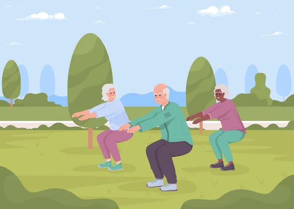 밖에서 운동하는 노인들 노인을 스포츠 캐릭터와 배경에 — 스톡 벡터