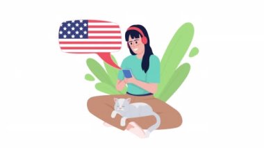 Animasyon İngilizce öğrenme kavramı. Ağ tasarımı için alfa kanal şeffaflığı olan beyaz üzerine 2D çizgi film düz karakter. HD video görüntüleri. Amerikan aksanıyla yaratıcı fikir animasyonunu çalış