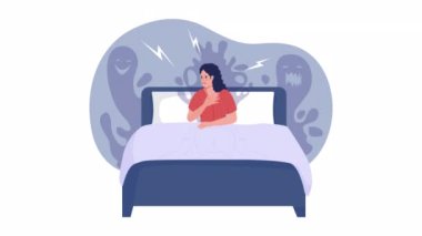Animasyon gece panik atağı. Daire şeklinde düz 2D karakter HD video görüntüleri. Beyaz pembe arka planda, web sitesi ve sosyal medya için alfa kanal şeffaflığı olan yatakta renkli animasyon
