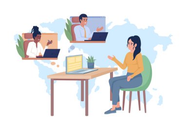 Çevrimiçi iletişim düz konsept vektör çizimi. Video konferansında çalışıyorum. Web tasarımı için beyaz üzerine düzenlenebilir 2D çizgi film karakterleri. Web sitesi, mobil, sunum için internet buluşması yaratıcı fikir