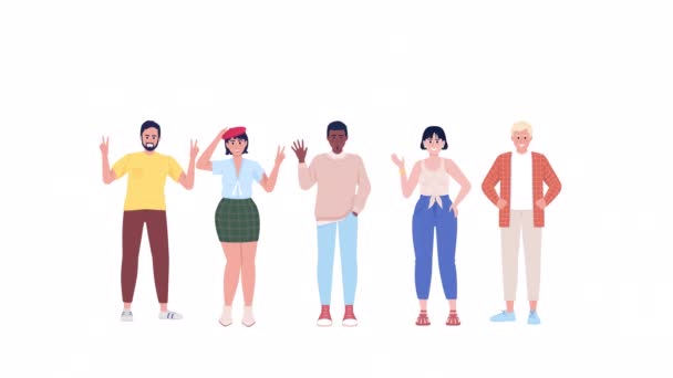 Анимированные Международные Персонажи Приветствие Разных Языках Полнотелые Плоские Люди Белом — стоковое видео