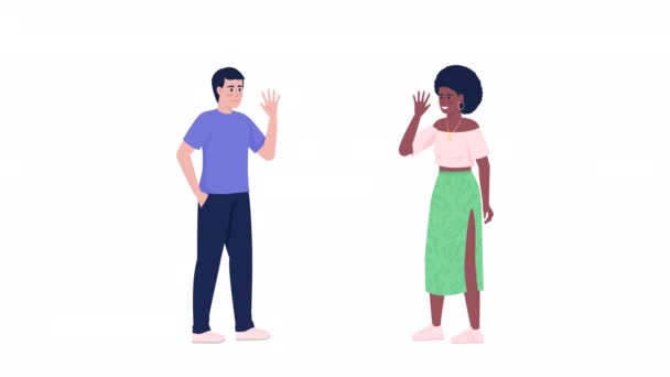 Анимированный Разговор Местными Персонажами Международное Общение Полнотелые Плоские Люди Белом — стоковое видео