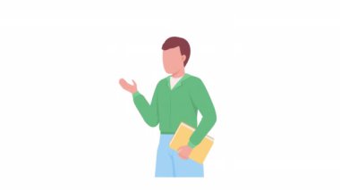 Animasyonlu erkek karakter. Kitapları olan genç bir adam. Beyaz arka planda alfa kanalı şeffaflığı olan tam vücut düz insan. Animasyon için renkli çizgi film biçimi HD video görüntüleri