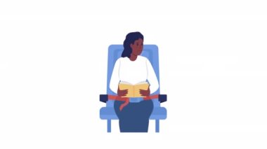 Animasyon endişeli kadın karakter. Uçakta panikleyen birinin yanında otur. Beyaz arka planda alfa kanalı şeffaflığı olan tam vücut düz insan. Animasyon için renkli çizgi film biçimi HD video görüntüleri
