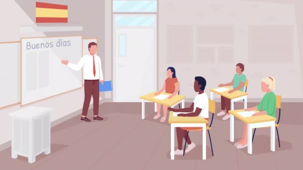 Animerad Spanska Lektion Illustration Lärare Och Elever Lär Dig Språk — Stockvideo