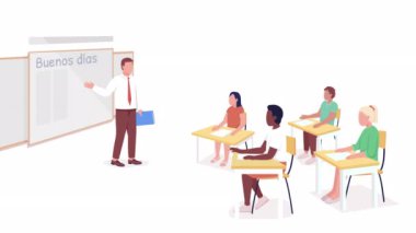 Animasyon İspanyolca dersi. Karakterleri inceliyorum. Okul sınıfı. Beyaz arka planda, alfa kanalı şeffaflığıyla tam vücut düz insanlar. Animasyon için renkli çizgi film biçimi HD video görüntüleri