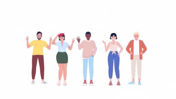 Мультиязычные Анимационные Символы Разнообразная Группа Улыбается Здоровается Полнотелые Плоские Люди — стоковое видео