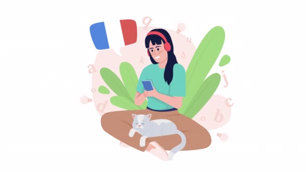 Animated French Student Concept Looped Cartoon Flat Character White Alpha — Stock Video