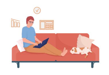 Merkez ofis yarı düz renk vektör karakteri. Düzenlenebilir figür. Beyazın üzerinde tam vücut insan. Mesafe çalışması. Web grafik tasarımı ve animasyonu için uzak çalışan basit çizgi film stili çizimi