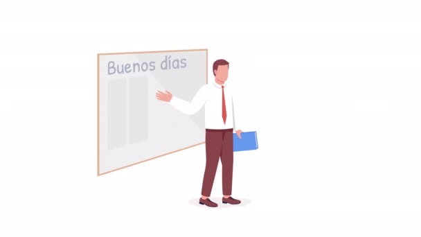 Personaje Animado Del Profesor Español Explica Material Cerca Pizarra Persona — Vídeo de stock