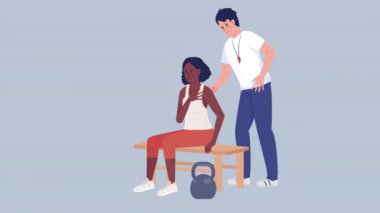 Panikleyen kadın karakteri. Kalp atışı yüksek. Spor salonunda gerginlik. Gri arka planda, alfa kanal şeffaflığıyla tüm vücudu düz insanlar. Animasyon için renkli çizgi film biçimi HD video görüntüleri