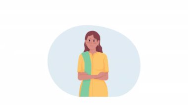 Animasyon dalgın bayan. Ağ tasarımı için alfa kanal şeffaflığı olan beyaz üzerine 2D çizgi film düz karakterleri. HD video görüntüleri. Tereddüt eden kadın. Duygusal bir ruh hali. Karışık duygular konsepti animasyonu