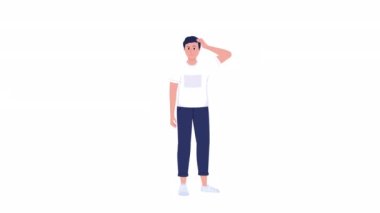 Animasyon mahcup adam. Kafası karışmış erkek. Sorular. Beyaz arka planda alfa kanalı şeffaflığı olan tam vücut düz insan. Animasyon için renkli çizgi film stili HD video görüntüleri