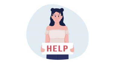 Animasyon endişeli kız. Daire şeklinde düz 2D karakter HD video görüntüleri. Yardıma ihtiyacım var. İstismar edilen kadın, beyaz arka planda izole edilmiş, web sitesi ve sosyal medya için alfa kanal şeffaflığı ile renklendirilmiş animasyon