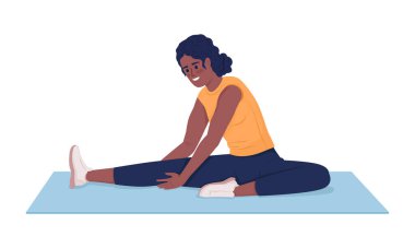 Yarı düz renk vektör karakter egzersizi yapan bir kadın. Düzenlenebilir figür. Beyazın üstüne tüm vücudu olan insanlar. Esneklik, web grafik tasarımı ve animasyonu için basit çizgi film stili illüstrasyonu uygular