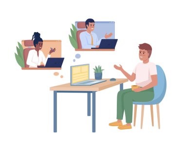 Çevrimiçi iletişim yarı düz renk vektör karakterleri. Düzenlenebilir figürler. Beyazın tüm vücut karakteri. Web grafik tasarımı ve animasyonu için basit karikatür biçimi illüstrasyonunu görüntüleyen çalışma videosu