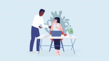 Canlandırılmış çalışanlar karakterleri. İş yerinde panik atak geçirmene yardımcı olur. Gri arka planda, alfa kanal şeffaflığıyla tüm vücudu düz insanlar. Animasyon için renkli çizgi film biçimi HD video görüntüleri