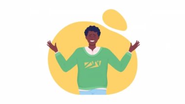 Heyecanlı animasyon adamı. Ağ tasarımı için alfa kanal şeffaflığı olan beyaz üzerine 2D çizgi film düz karakterleri. HD video görüntüleri. Olumlu duygular. Neşeli genç erkek. Mutluluk konsepti animasyonu