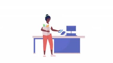Canlandırılmış NFC self servis kontrolü. Temassız ödeme. Beyaz arka planda alfa kanalı şeffaflığı olan tam vücut düz insan. Animasyon için renkli çizgi film stili HD video görüntüleri