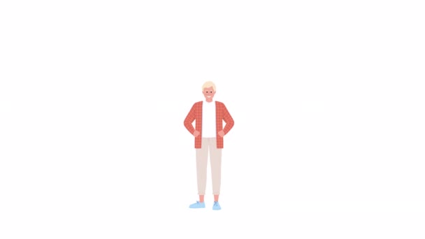 アニメの挨拶男性キャラクター ドイツ語でこんにちは 笑顔の若い男 アルファチャンネル透過性を持つ白い背景に完全なボディフラット人 アニメーションのためのカラフルな漫画スタイルのHdビデオ映像 — ストック動画
