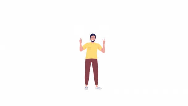 Animowany Człowiek Gestem Pokojowej Ręki Uśmiechnięty Mężczyzna Całość Płaska Osoba — Wideo stockowe