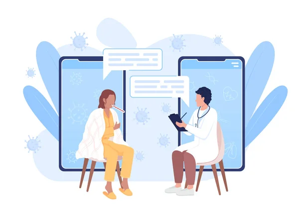 医師フラットコンセプトベクトルイラストとオンライン会議 病気の女性 冷たい病気だ ウェブデザインのための白の編集可能な2D漫画のキャラクター ウェブサイト モバイル プレゼンテーションのための創造的なアイデア — ストックベクタ