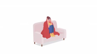 Animasyon korkmuş kadın karakter. Korku izledikten sonra panik atak. Beyaz arka planda alfa kanalı şeffaflığı olan tam vücut düz insan. Animasyon için renkli çizgi film biçimi HD video görüntüleri