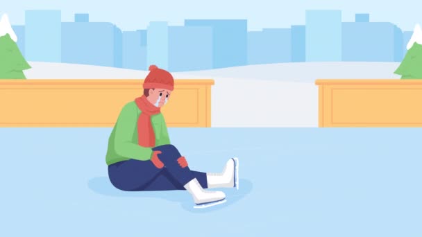 アニメの子供はスケートリンクで滑った 膝の怪我だ 泣いてる少年 冬の活動の危険 市を背景にフラットカラー2D漫画のキャラクターアニメーションをループさせました アルファチャンネル付きHdビデオ — ストック動画