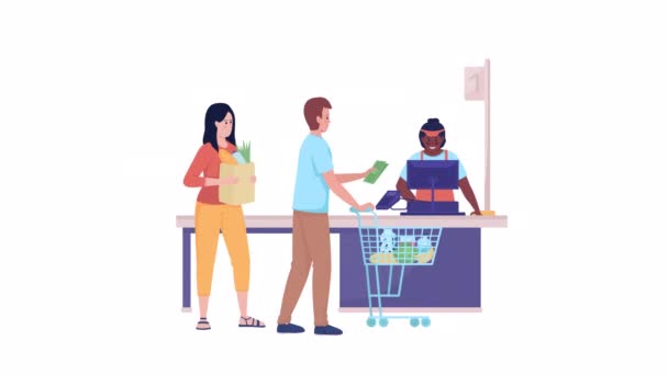 Checkout Supermercado Animado Quine Mercearia Pessoa Plana Corpo Inteiro Fundo — Vídeo de Stock