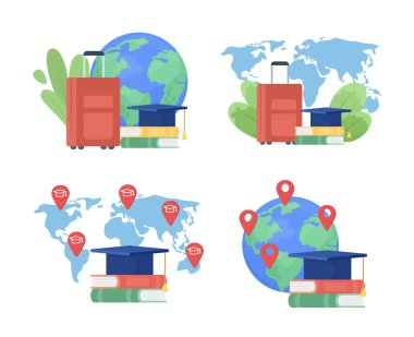 Yurtdışı hedefleri düz konsept vektör illüstrasyon seti. Uluslararası eğitim. Web tasarımı için beyaz üzerine düzenlenebilir 2D karikatür nesneleri. Web sitesi, mobil, sunum için yaratıcı fikir