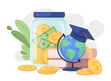 Yurtdışında eğitim için tasarruf edilen düz konsept vektör çizimi. Üniversite fonu. Web tasarımı için beyaz üzerine düzenlenebilir 2D karikatür öğeleri. Web sitesi, cep telefonu, sunum için öğrenim kredisi