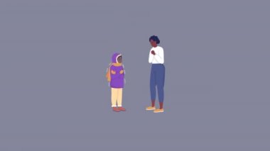 Canlandırılmış soğuk çocuk. Endişeli anne. Hasta çocuk. Gri arkaplanda alfa kanalı şeffaflığı olan tam vücut düz insan. Animasyon için renkli çizgi film stili HD video görüntüleri
